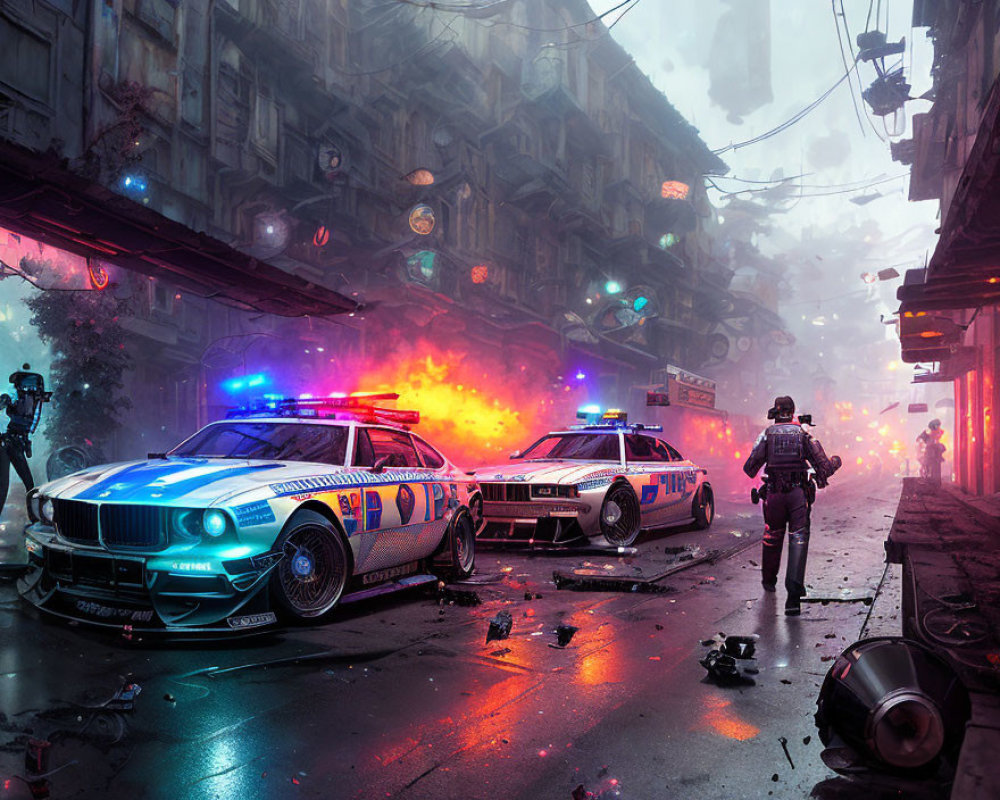 Futuristic urban scene with police cars and chaos under neon signs