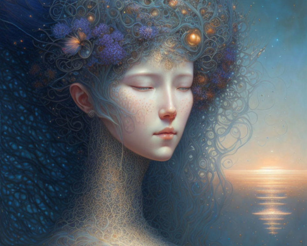 Ethereal woman with ornate hair in twilight seascape