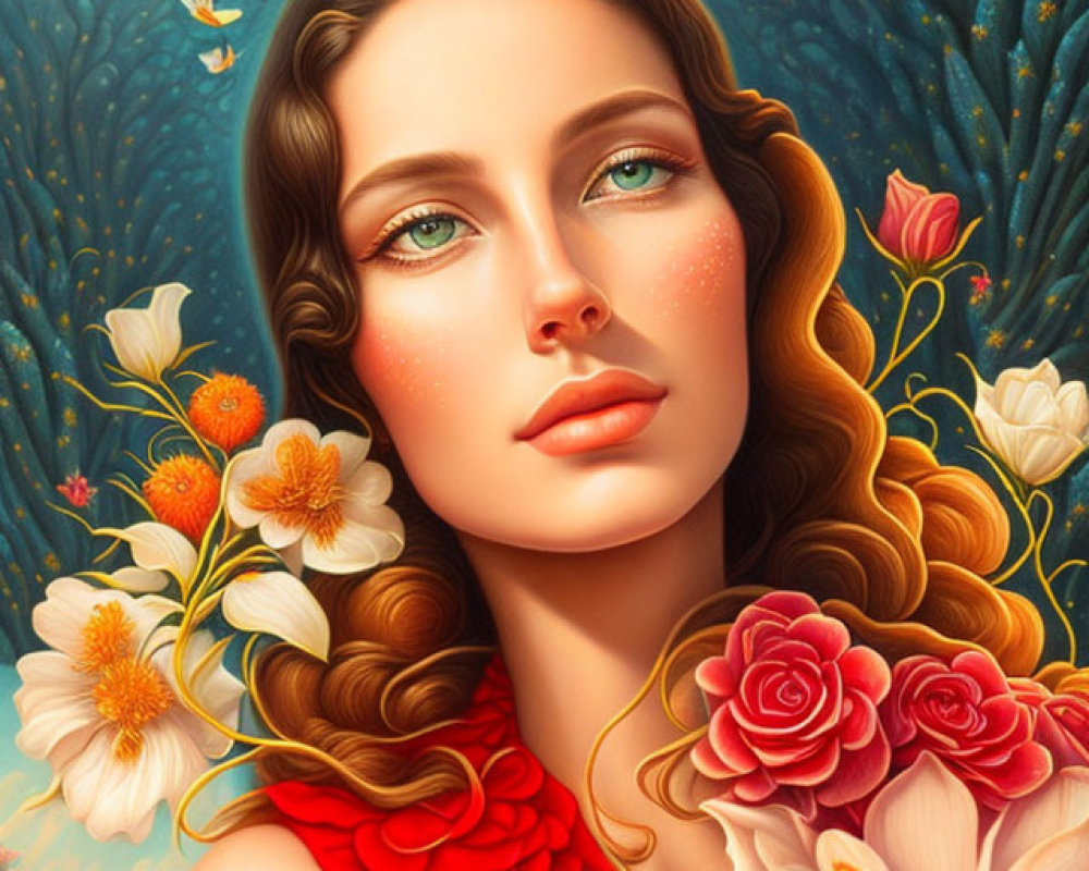 Portrait of Woman with Wavy Hair Surrounded by Vibrant Flowers