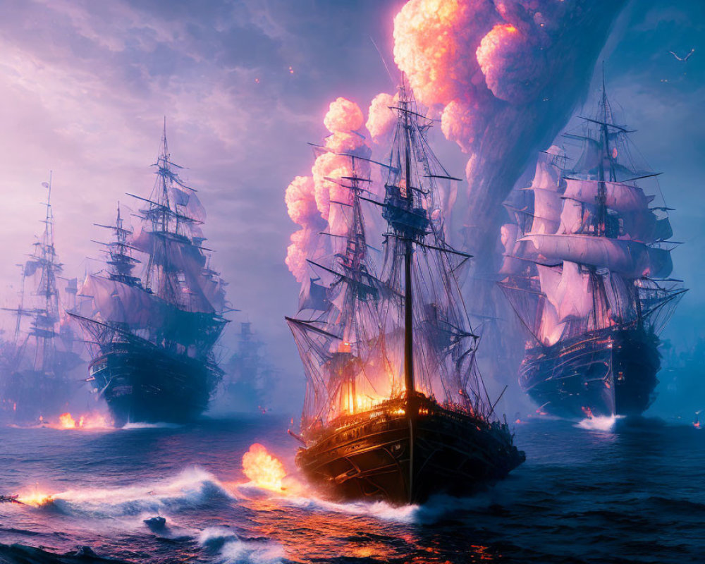 Tall ships in flames on turbulent seas at dusk