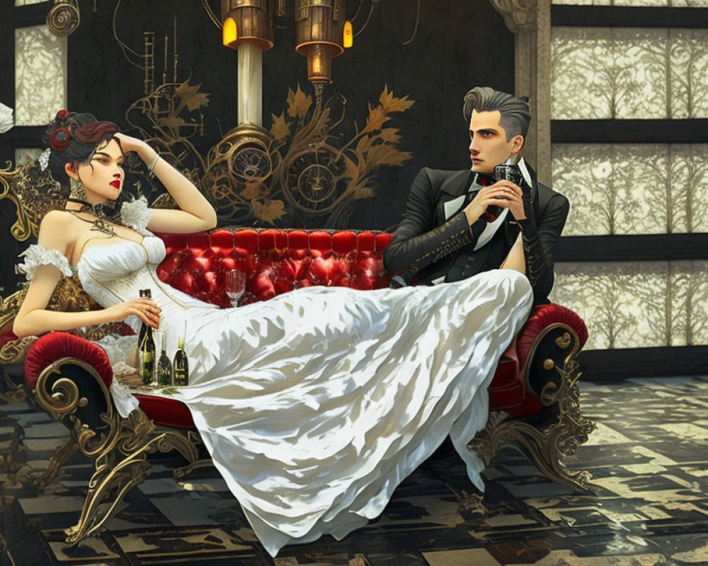 Formal couple in elegant attire with drinks on red couch in luxurious room