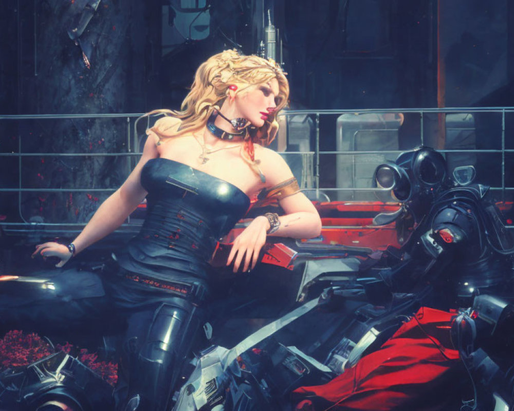 Blonde woman in futuristic attire with robot in dystopian scene