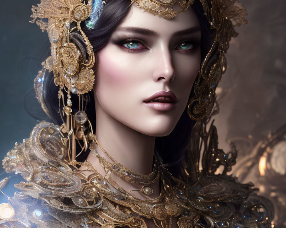 Digital Artwork: Woman with Green Eyes and Golden Headdress