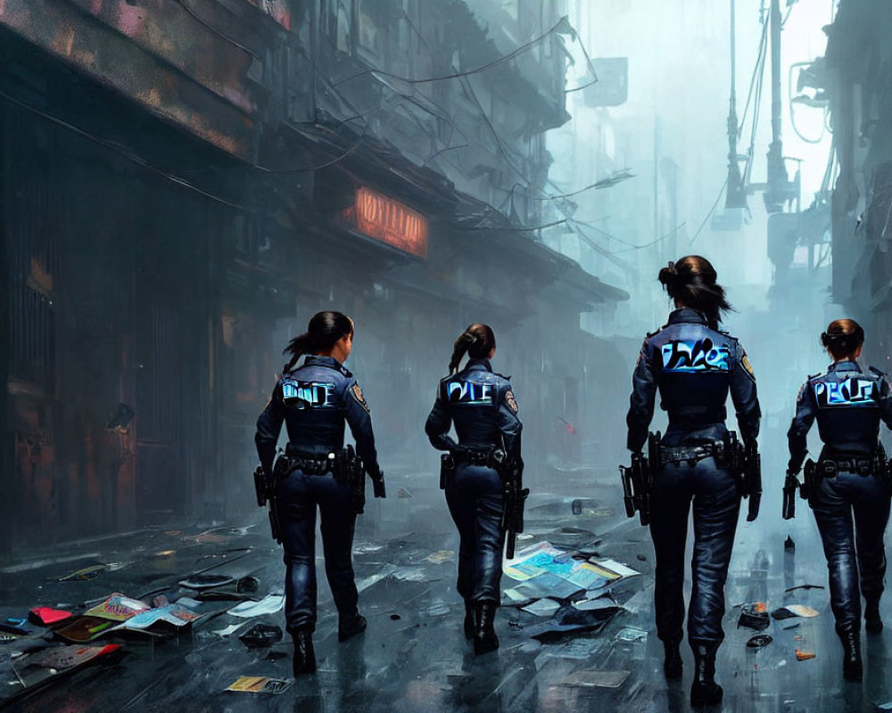 Police officers patrol rainy, dystopian alley with neon signs.