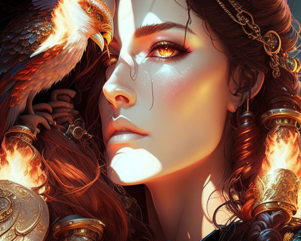 Digital artwork featuring woman with elaborate braids and golden jewelry with majestic hawk.