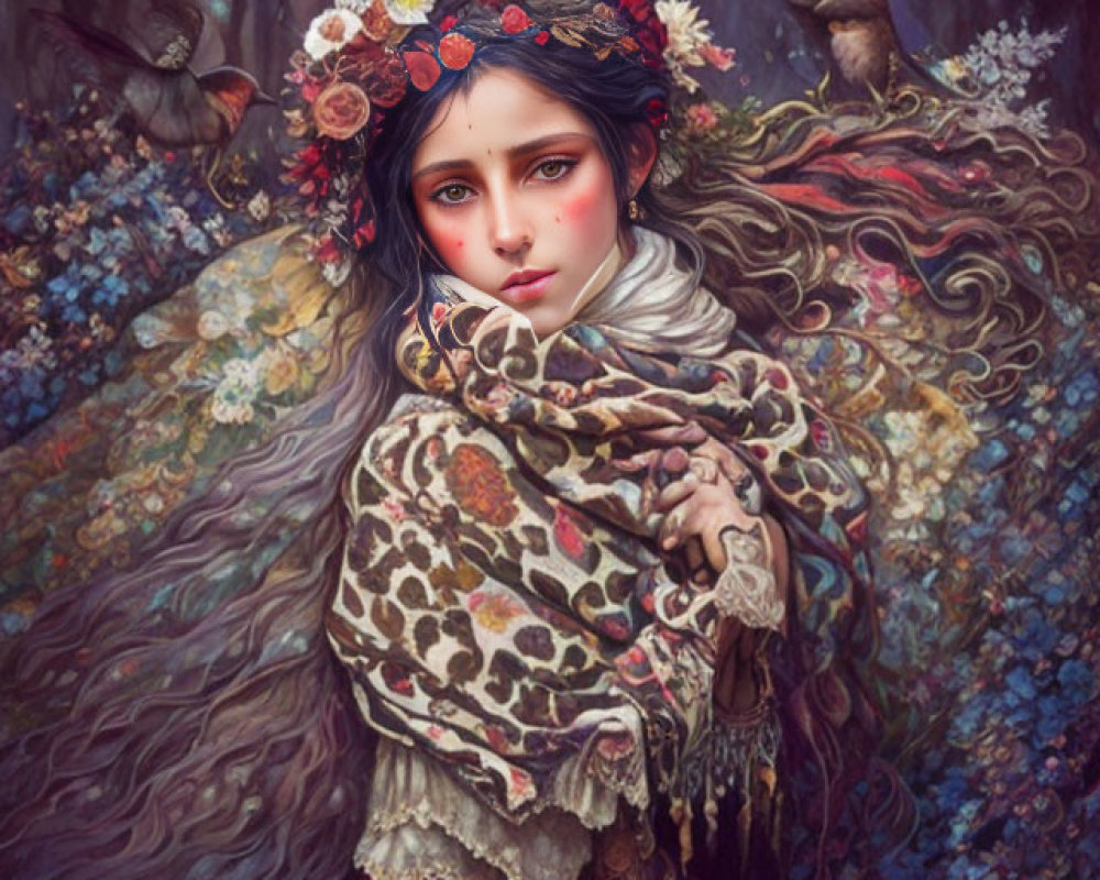 Fantastical woman with floral wreath in vibrant garments amidst whimsical forest wildlife