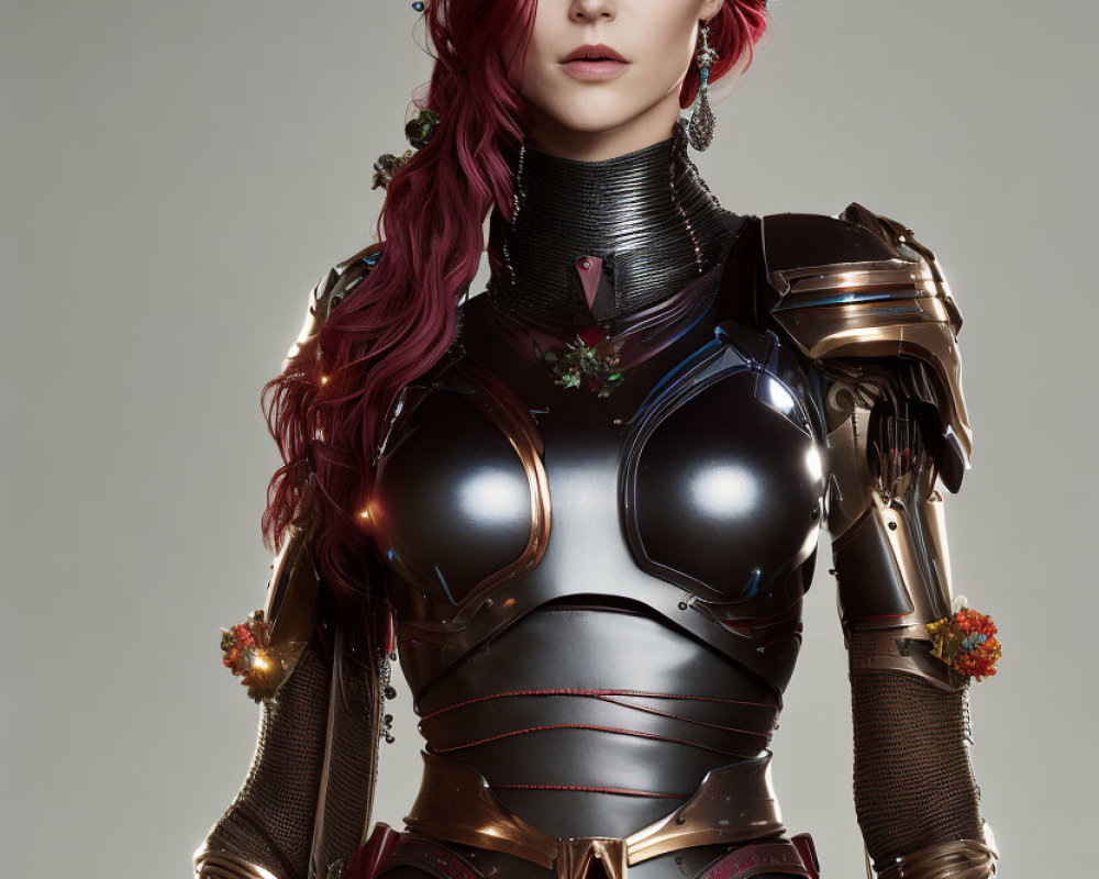 Red-haired woman in futuristic black armor with floral adornments and red accents gazes confidently