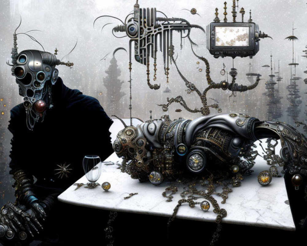 Steampunk-themed figure with mechanical mask and goggles in industrial setting.