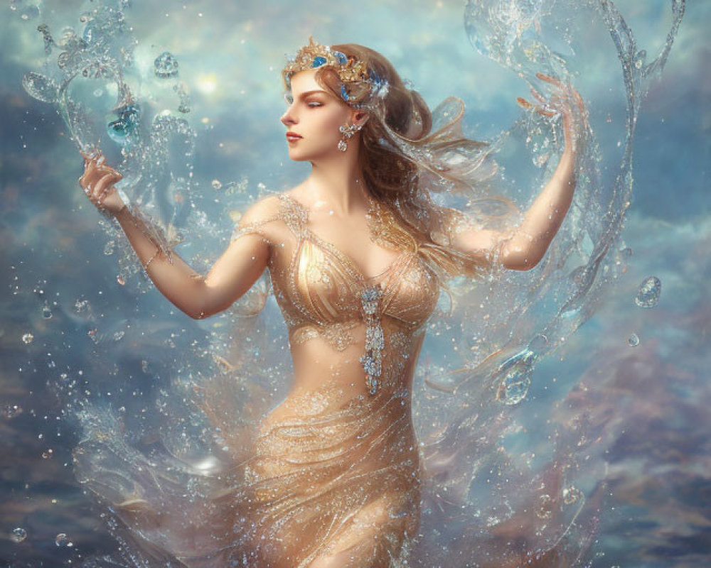 Woman in ethereal attire emerges from water with swirling splashes against dreamy background