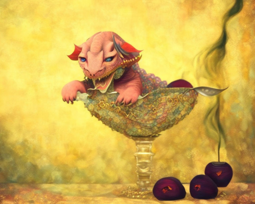 Illustration of baby dragon hatching from ornate egg with cherries in golden setting