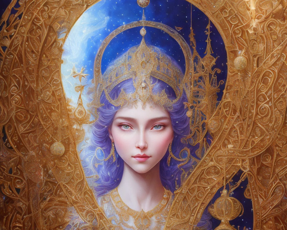 Regal female figure with blue hair and golden crown on starry background