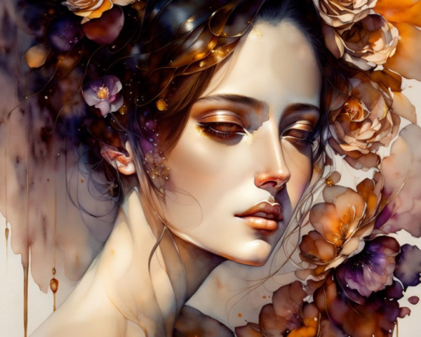 Digital Artwork: Serene woman's face amid colorful flowers and golden accents