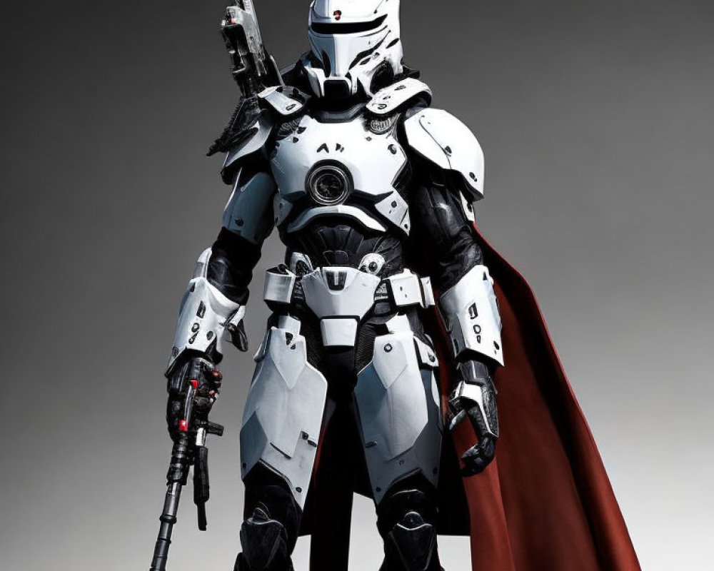 Futuristic armored figure in white robotic suit with red cape and rifle on grey background