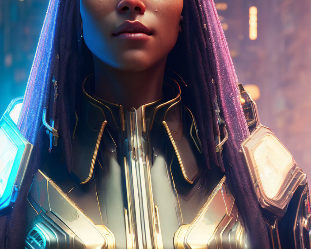 Female character in glowing armor and purple dreadlocks in futuristic setting