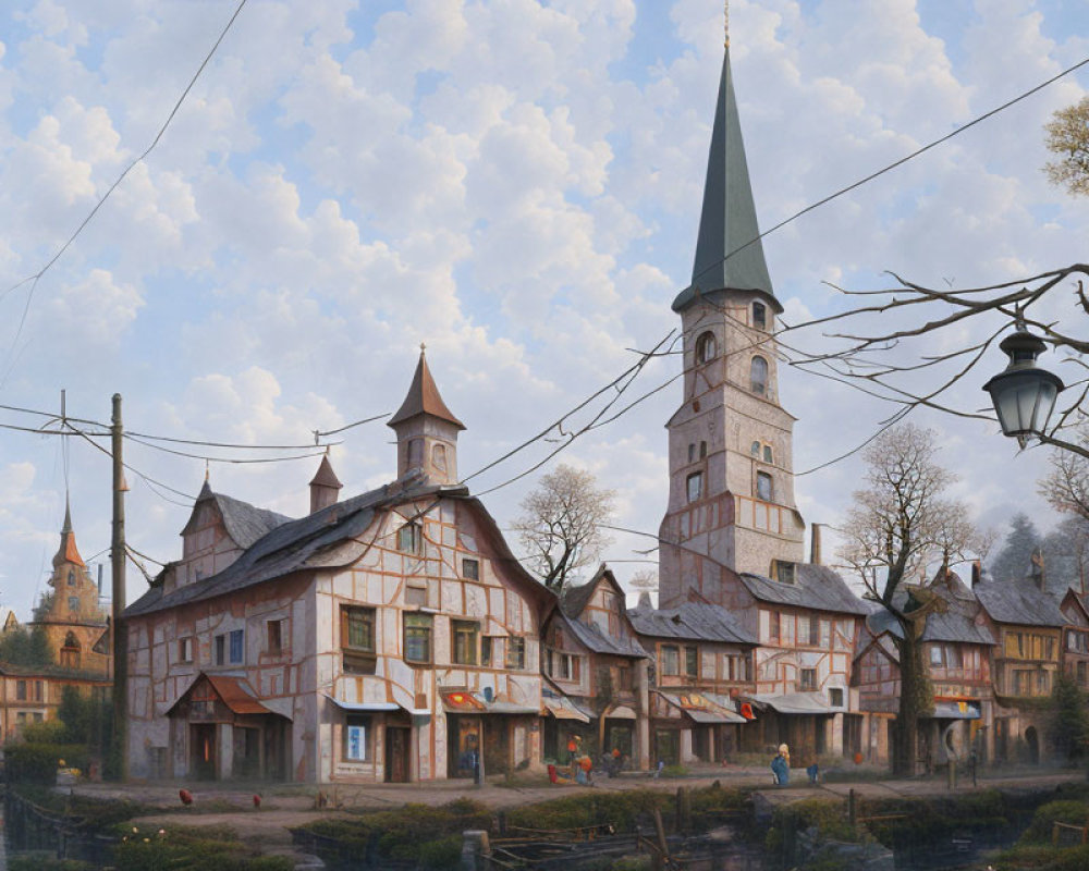 European village landscape with half-timbered houses and church spire.