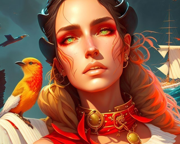 Illustrated woman with green eyes in red and gold outfit with bird and crow, ships in background