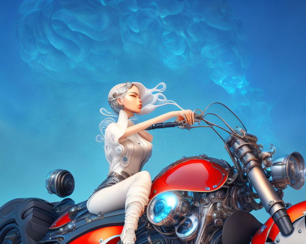 White-haired female cyborg on stylized motorcycle under blue sky