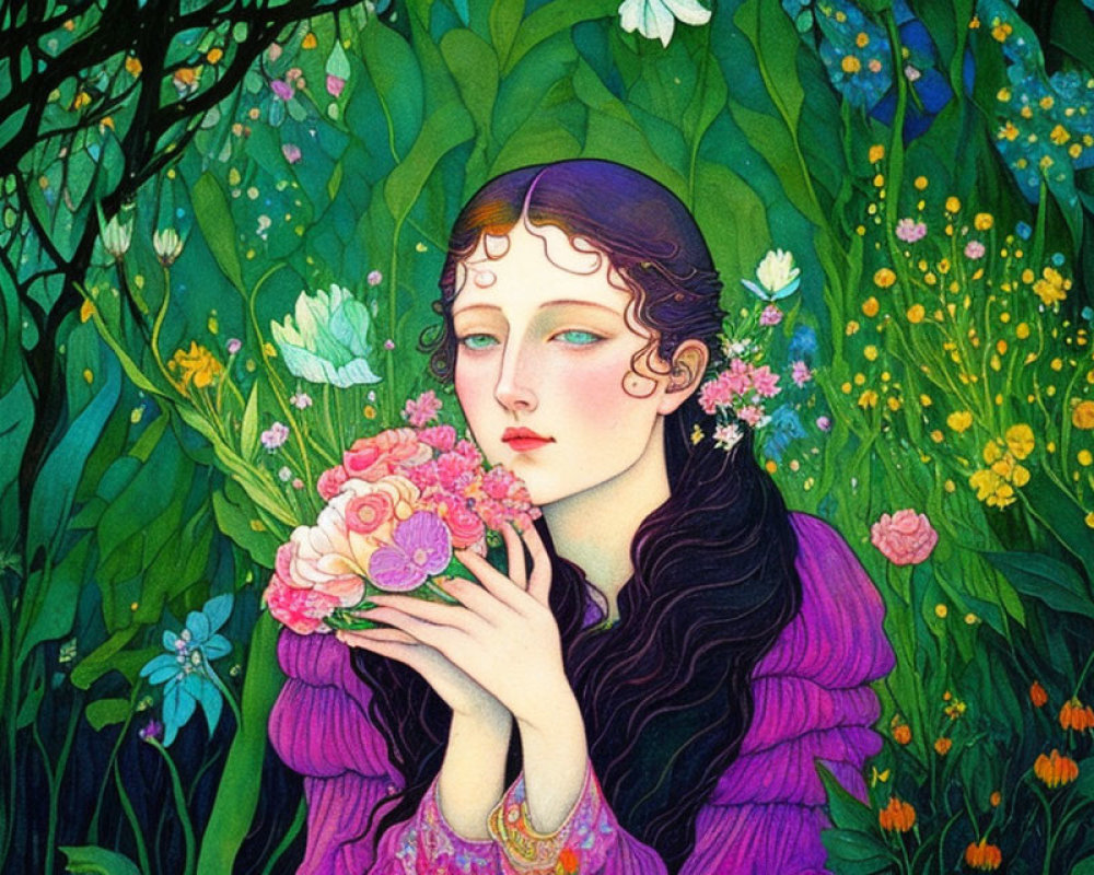 Stylized illustration of woman in purple garment with pink flowers