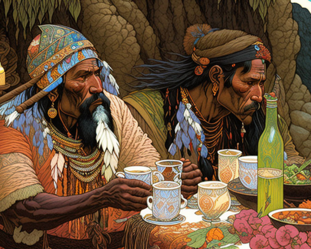 Native American men in traditional attire with feather headdresses at table in rocky landscape.