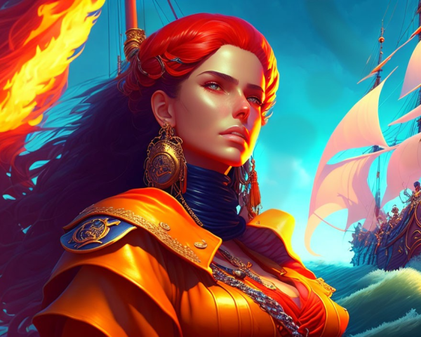 Red-Haired Woman in Golden Armor with Fiery Wings and Ships Background