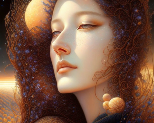 Cosmic-themed surreal portrait of a woman with floral motifs