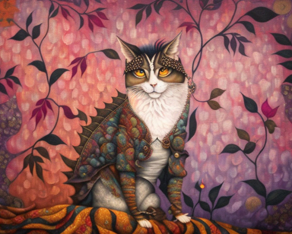 Whimsical painting of cat in regal costume with human-like expression