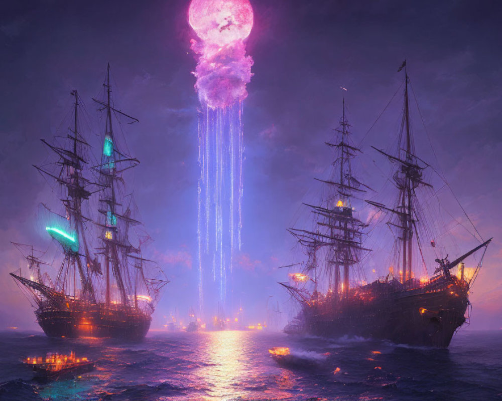 Luminous violet ocean with sailing ships and massive moon