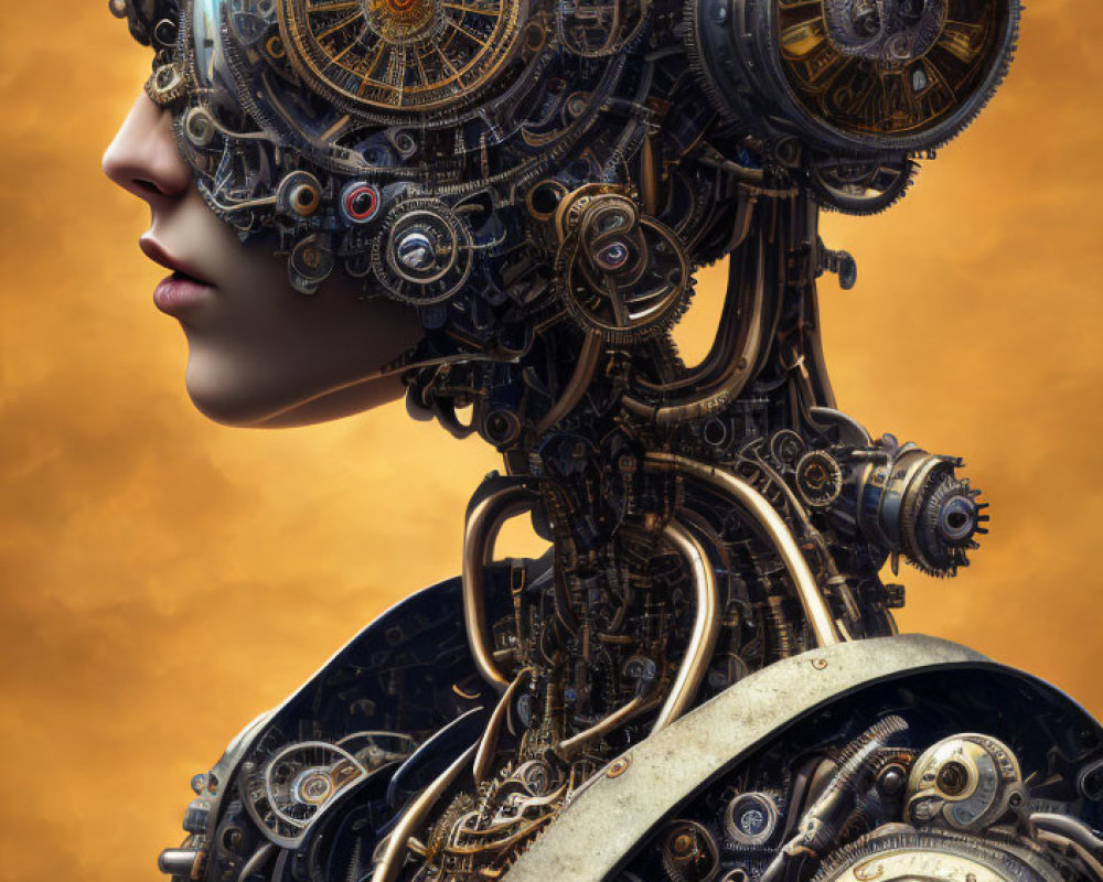 Female Figure with Mechanical Head and Gears on Warm Background