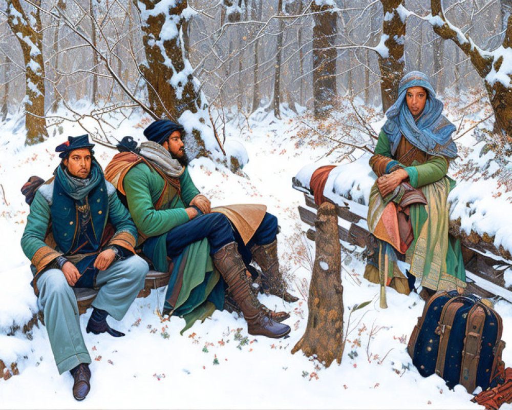 Three people in historical attire resting in snowy forest with fallen log and suitcase, evoking wintry travel