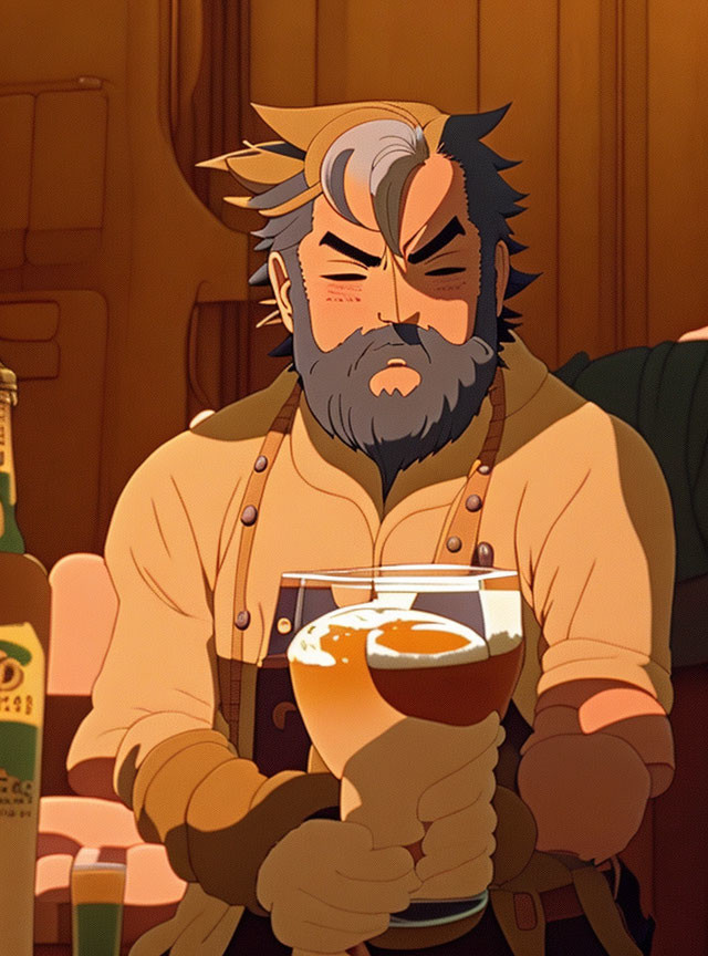 Animated character with a beard holding a glass of beer indoors