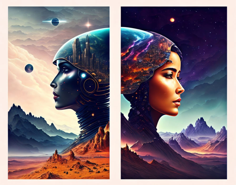 Dual portraits blending women's faces with cosmic landscapes: one mechanical, one natural.