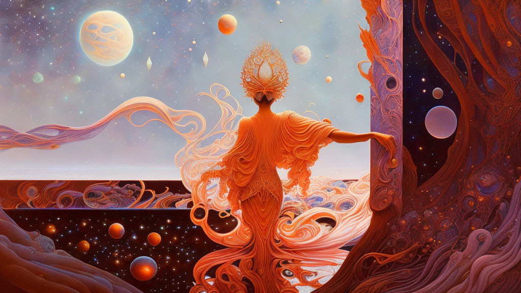 Illustration of figure in orange robes by cosmic tree under planetary sky