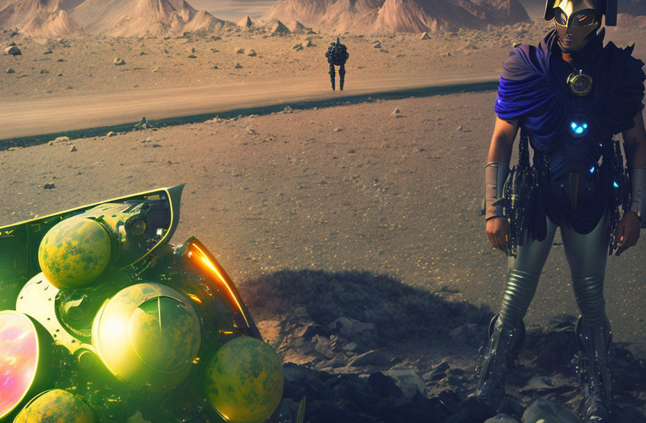 Futuristic warrior with mask and high-tech motorcycle in alien desert landscape