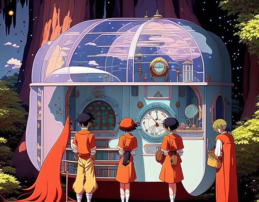 Students in uniform admire clock-adorned glass dome in autumn forest dusk