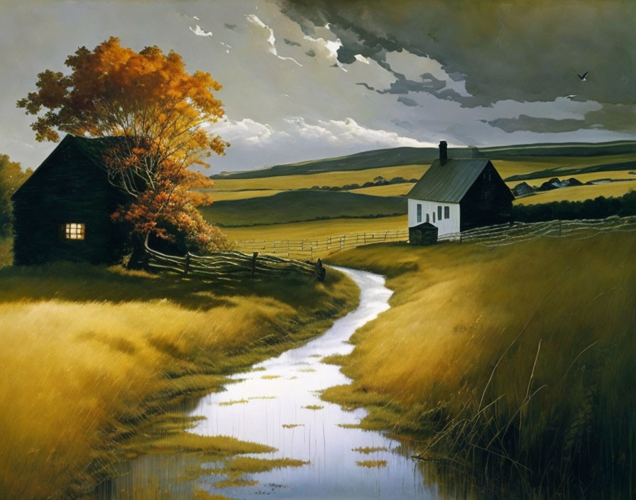 Tranquil countryside with stream, fence, houses, autumn tree, and dramatic sky