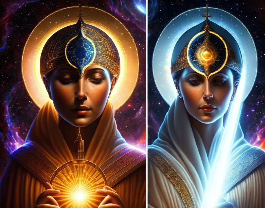 Stylized portraits with decorative halo and cosmic background