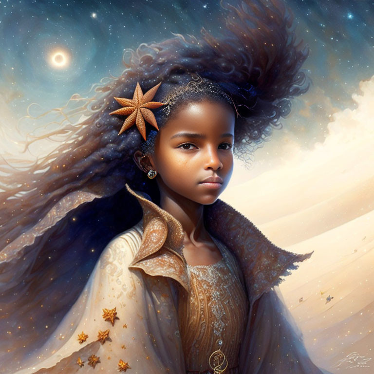 Young girl with starfish clip in starry hair and cloak, planet and stars in background