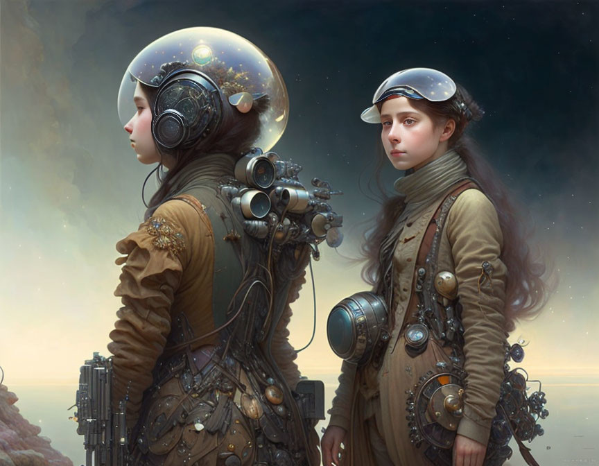 Elaborately detailed steampunk astronaut gear against dreamy backdrop