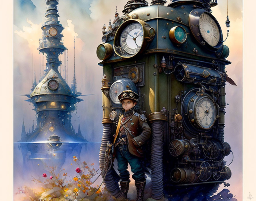 Steampunk-themed illustration of child in vintage diving suit before clockwork structure