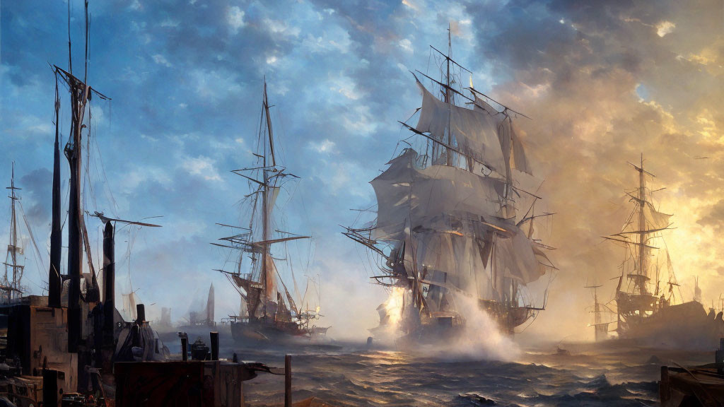 Tall ships with billowing sails in rough seas at dusk