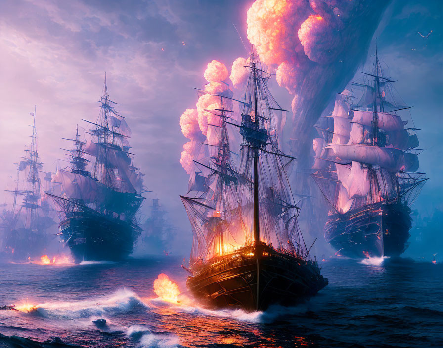 Tall ships in flames on turbulent seas at dusk