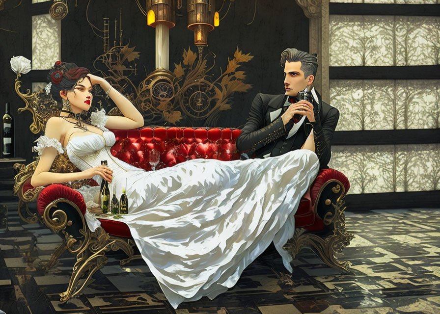 Formal couple in elegant attire with drinks on red couch in luxurious room