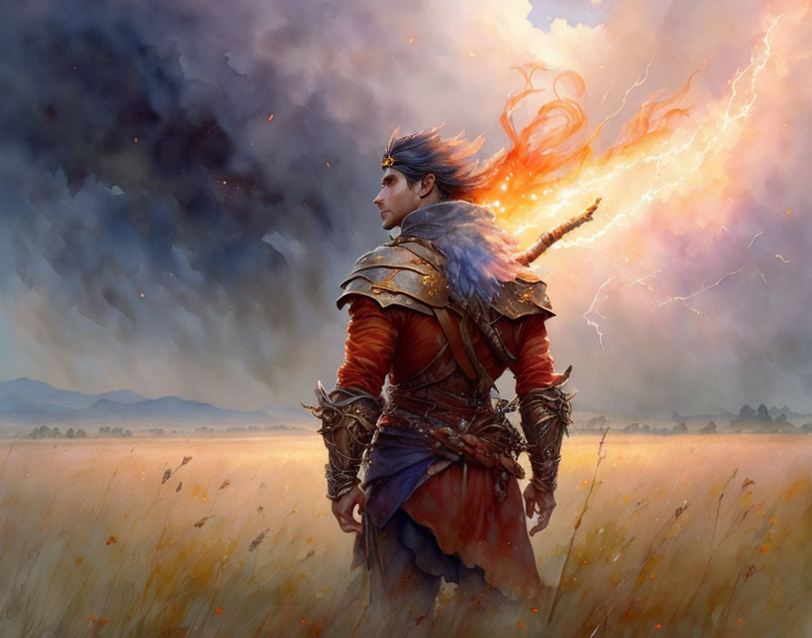 Warrior in red armor standing in field with stormy sky and mystical light