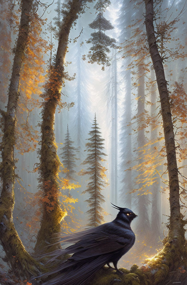 Tranquil forest scene with tall trees, sun rays, and black bird.