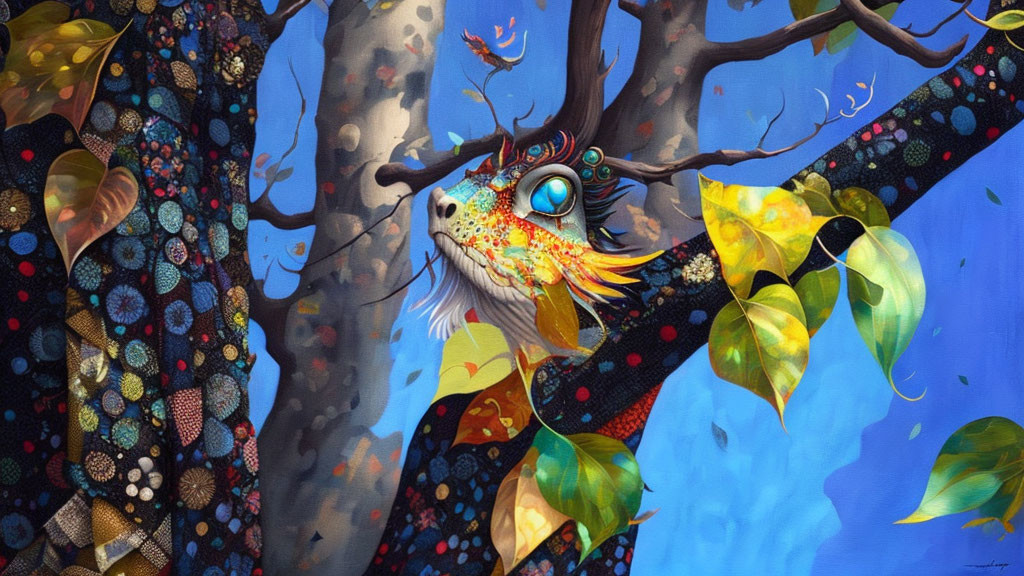 Colorful Cat Painting in Blue Forest with Autumn Leaves