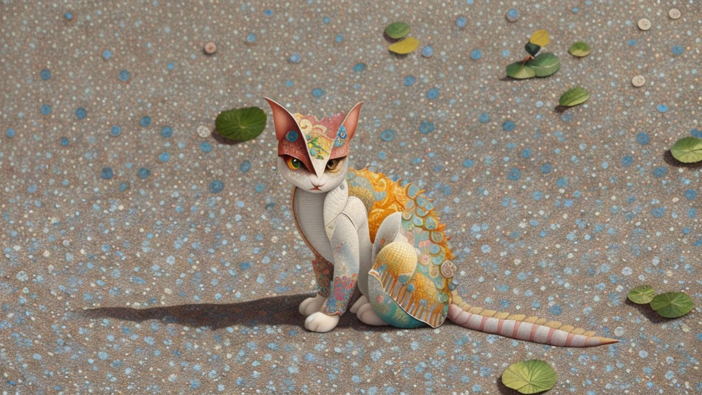 Colorful Patterned Cat Sitting on Sandy Surface with Leaves and Stones