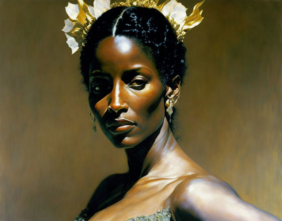 Portrait of Woman with Dark Skin and Gold Accessories on Brown Background