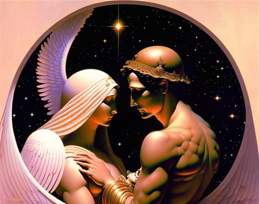 Stylized angelic figures embracing in circular frame against starry background