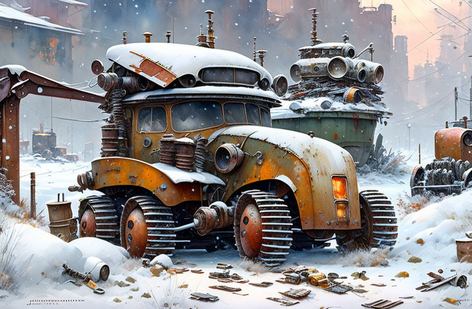 Desolate snow-covered post-apocalyptic landscape with rusted vehicles and abandoned technology.