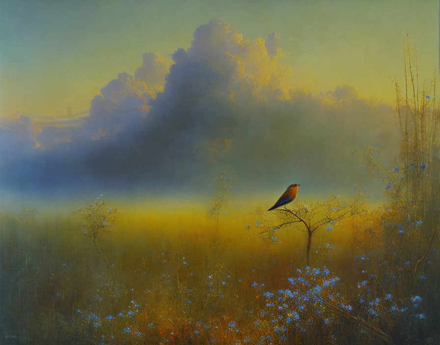 Solitary bird on branch in serene field with blue flowers and golden mist.